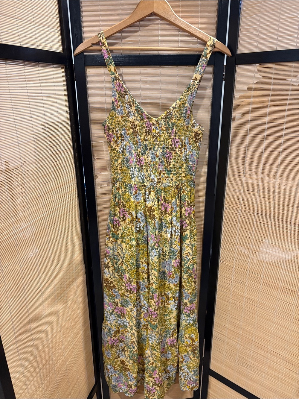 Smocked V-Neck Maxi Dress in Mustard Floral